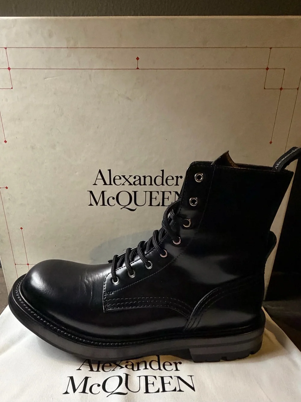 Alexander McQueen Leather Lace-Up Combat Boots Black - Size 41 (Worn Once)